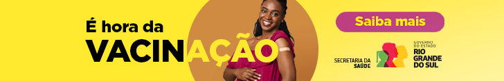 Banner amarelo com a frase “É hora da VACINAÇÃO”, botão “Saiba mais” e logos da Secretaria da Saúde e Governo do RS. Pessoa segura o braço, sugerindo vacinação — rosto não visível.