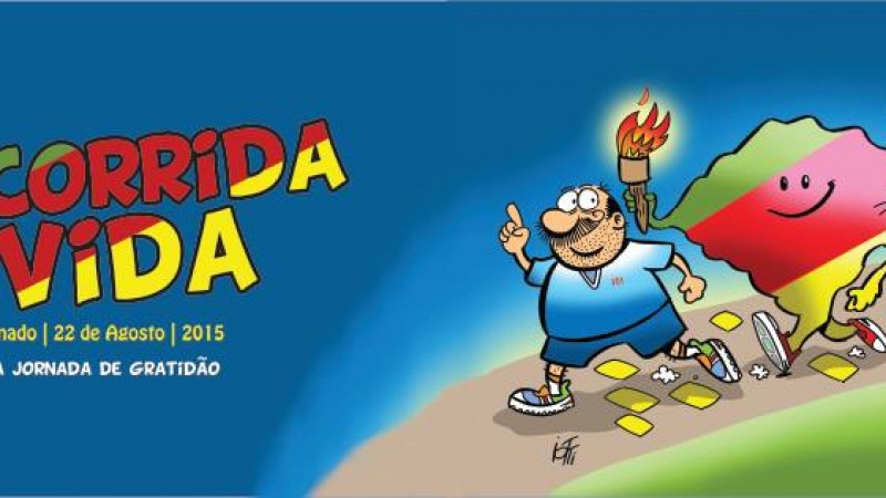 Um card mostra os personagens Radicci, um personagem com o mapa do Rio Grande do Sul, que segura uma tocha, e o leão do Instituto do Câncer Infantil à direita. À esquerda, está escrito "18ª Corrida pela Vida, Gramado, 22 de agosto, 2015, Uma Jornada de Gratidão".