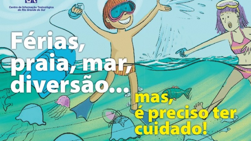 Um card com um desenho de duas pessoas brincando no mar. O menino está feliz e a menina chama a atenção dele para as mães d'água. Também tem as mensagens "Férias, praia, mar, diversão... mas é preciso ter cuidado!".