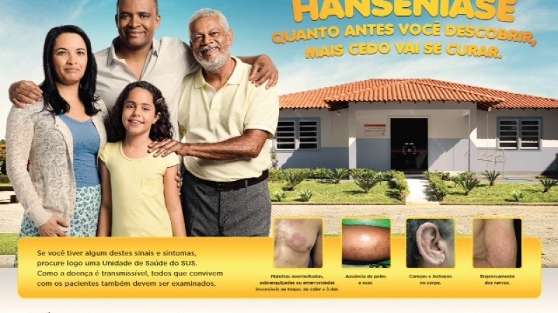 Card da campanha com quatro pessoas, foto de um posto de saúde e outras informações.   