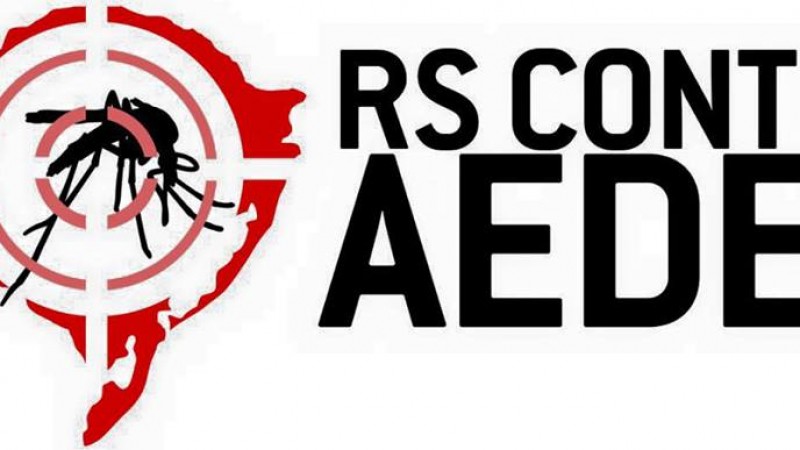 Card da campanha. Do lado esquerdo, tem o mapa do Rio Grande do Sul e, dentro dele, o desenho do mosquito. Na direita, tem a mensagem "RS contra Aedes".