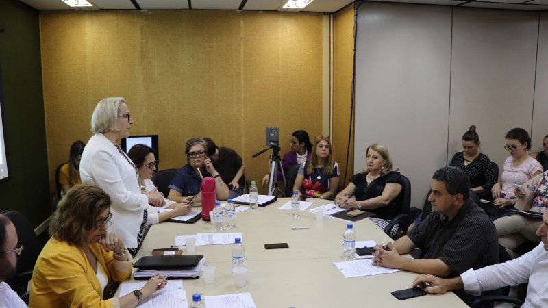 Secretária Arita fala, de pé e casaco branco, reunida com gestores de saúde sentados a mesa. 