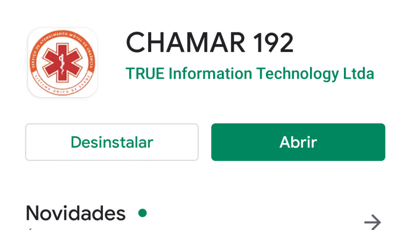 A imagem mostra a tela do aplicativo do Samu.