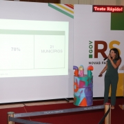 Letícia de pé, falando com um telão ao lado. Atrás um banner com o logo do Governo do Estado e bandeira do Estado.