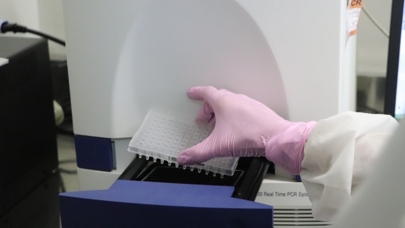 A imagem mostra uma mão manipulando amostras dentro de um equipamento. 
