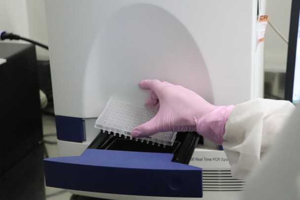 A imagem mostra uma mão manipulando amostras dentro de um equipamento. 