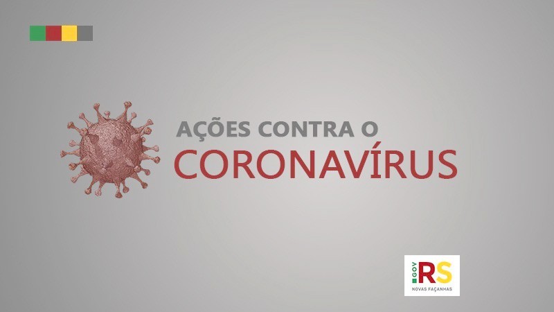 Card em cor cinza com a mensagem "ações contra o coronavírus". Do lado esquerdo, o desenho do vírus. Embaixo, tem o logotipo do Governo do Estado.