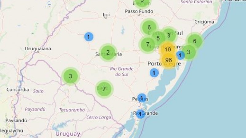 mapa do RS com pontos de notificações de casos