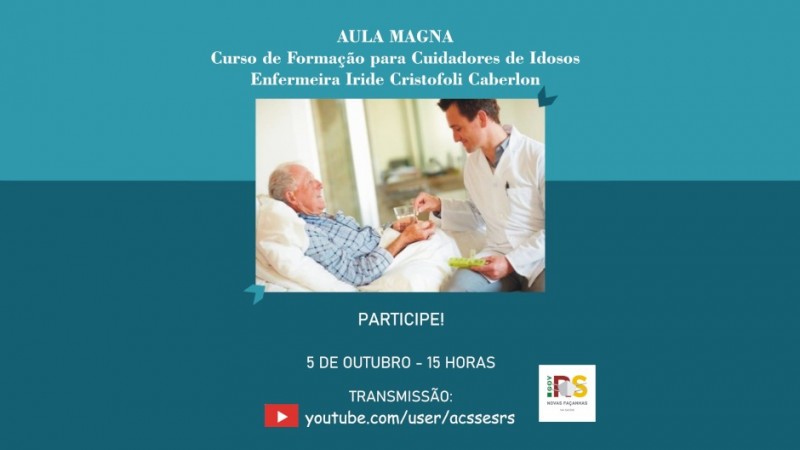 Imagem de um card com informações do evento e a imagem de um idoso deitado segurando um copo com água, sorrindo para o cuidador também sorrindo, que lhe dá um medicamento.