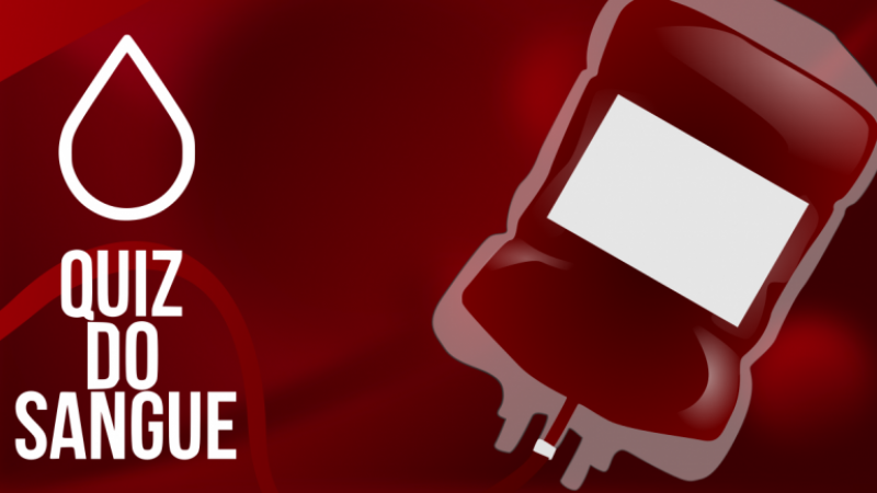 Cartaz Quiz do sangue com um pingo e uma bolsa de sangue estilizados.