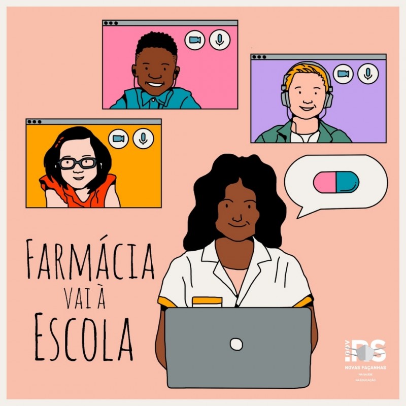 Card da campanha com o desenho estilizado de uma live com quatro pessoas e o lema "Farmácia vai à escola".