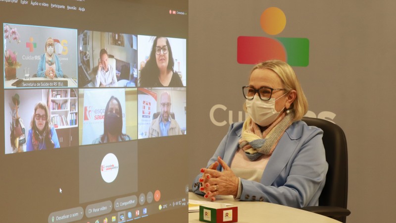 A imagem mostra, do lado esquerdo, a imagem da live com vários participantes. Do outro, a secretária Arita Bergmann.