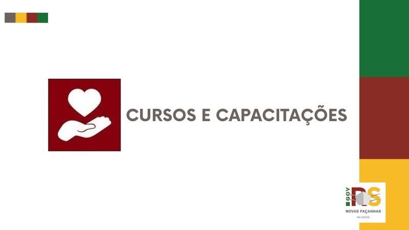 Um card com a imagem estilizada de uma mão segurando um coração. Do lado direito, está escrito cursos e capacitações.