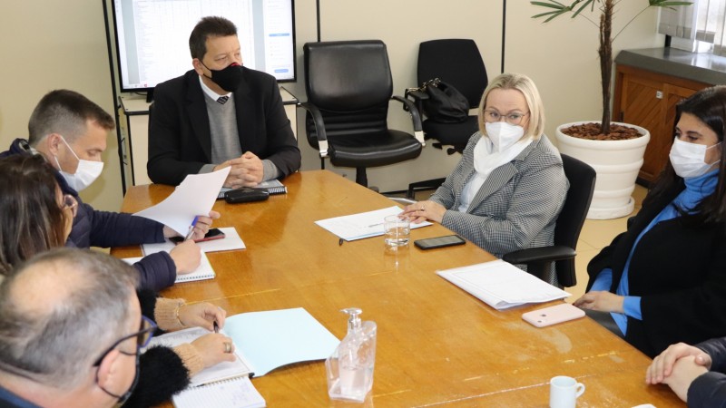Secretária Arita fala enquanto outros cinco participantes da reunião (duas mulheres e três homens) ouvem. Todos estão de máscara e sentados em torno de uma mesa.