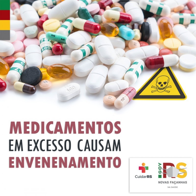 Card mostra comprimidos com a mensagem "Medicamentos em excesso causam envenenamento".