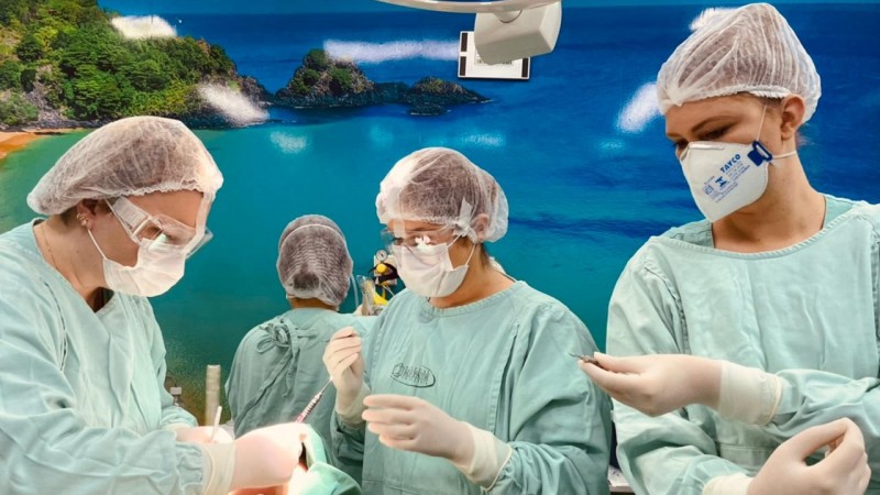 Três profissionais de saúde, uniformizadas e de máscara, operam paciente. 