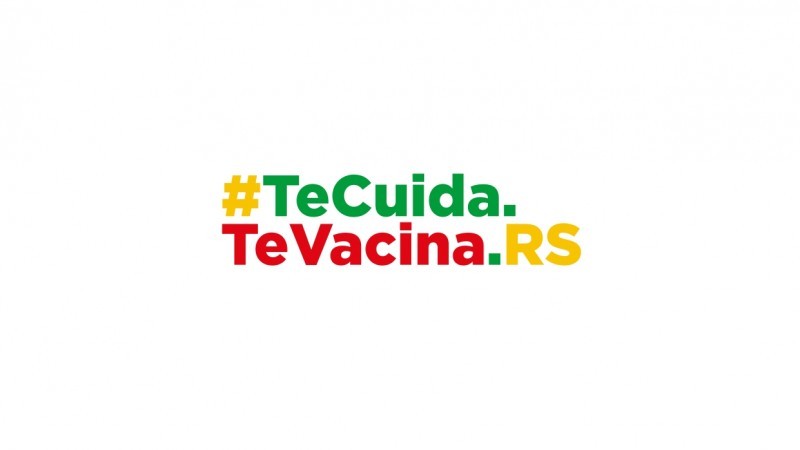 Logotipo #TeCuida.TeVacina.RS com as cores da bandeira do Rio Grande do Sul: verde, amarela e vermelha. 
