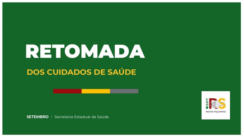 Card com a capa da Cartilha da Retomada- fundo em verde letras brancas e amarelas com a mensagem "retomada dos cuidados de saúde" e inclui logotipo Novas Façanhas do governo