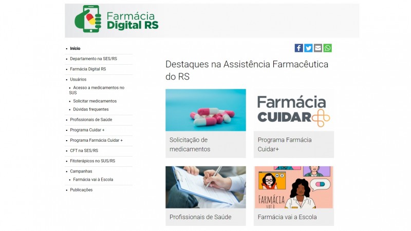A imagem mostra a página da Farmácia Digital RS no site da Secretaria. 