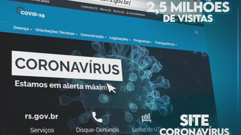 Foto de um computador com a capa do site coronavirus.rs.gov.br na tela