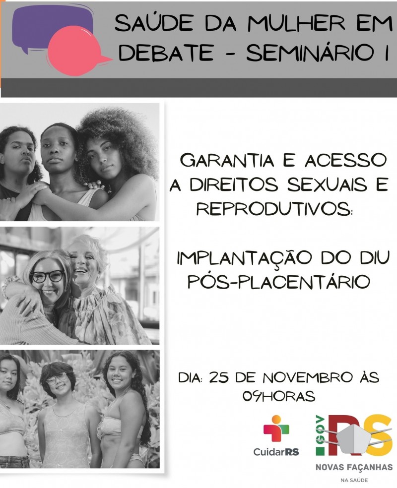 Cartaz com informações do evento e fotos de mulheres.