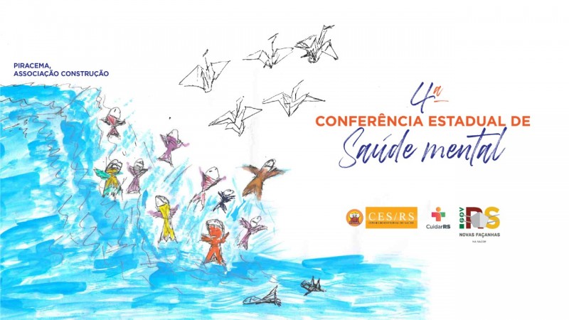Card da conferência de Saúde Mental com um desenho infantil de um rio com peixes e aves, título do evento e logotipos.