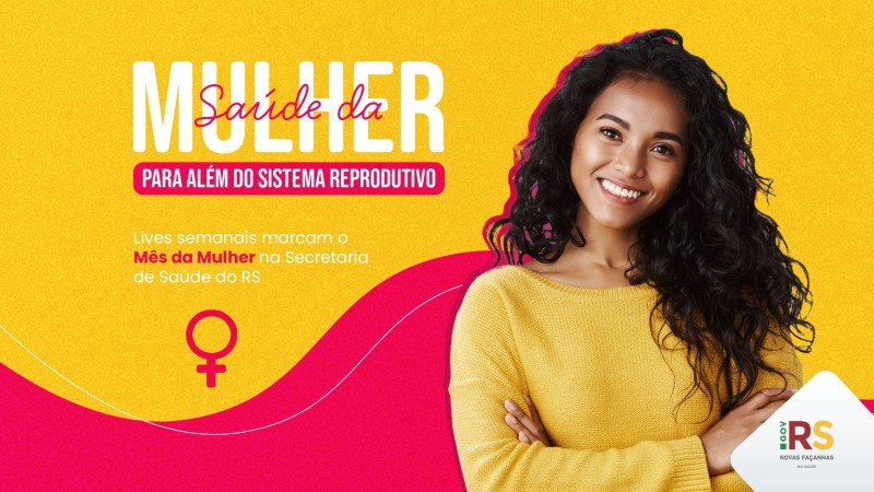 Uma mulher negra de cabelos compridos e cacheados de blusa amarela com fundo amarelo e vermelho . tem o símbolo da mulher e a chamada saúde da mulher para alóem do sitema eprodutivo.