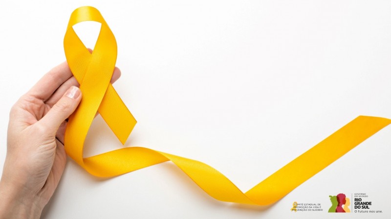 Card mostra uma mão segurando uma fita amarela e abaixo os logos do Governo do Estado e do Comitê Estadual de Prevenção e enfrentamento ao Suicídio.