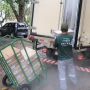 Carrinho verde com caixas contendo plasma congelado está parado. Outro carregador coloca uma caixa dentro do baú do caminhão. O caminhão é branco e está com a porta entreaberta.