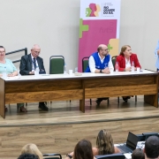 Secretária Ana Costa fala para o público. Os demais componentes da mesa seguem sentados, ouvindo. O palco e a mesa são de madeira, ao fundo uma parede bege e o banner do Governo do Estado.