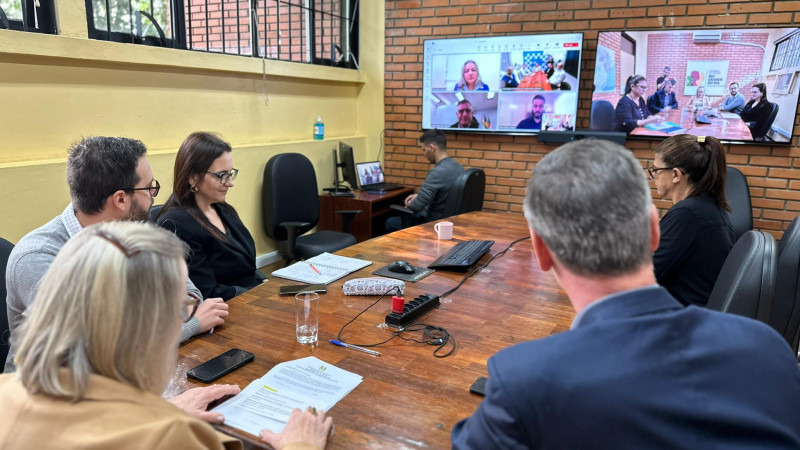 Secretária Arita de costas para a foto, ao centro da mesa de madeira, olhando para a tela de projeção da reunião remota. Integrantes da Secretaria Estadual da Saúde um deputado estão ao redor da mesa, todos sentados. O convênio, assinado simbolicamente, está sobre a mesa. Ao fundo da sala uma parede de tijolo à vista é a base onde as duas telas estão suspensas. A sala tem uma parede amarela à esquerda. No canto da foto um funcionário opera a reunião remota num notebook.