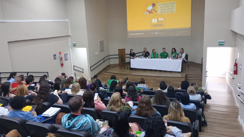 Auditório cheio de profissionais dos CAPS sentados em poltronas de frente para o palco. Ao centro do palco uma mesa de madeira com uma toalha branca. Pessoas vestidas na cor verde estão sentadas, enquanto uma delas está falando. Ao fundo uma projeção com o nome e a arte do evento, em tons de amarelo. O auditório é um ambiente claro, de paredes na cor bege e chão em madeira. 