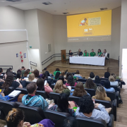 Auditório cheio de profissionais dos CAPS sentados em poltronas de frente para o palco. Ao centro do palco uma mesa de madeira com uma toalha branca. Pessoas vestidas na cor verde estão sentadas, enquanto uma delas está falando. Ao fundo uma projeção com o nome e a arte do evento, em tons de amarelo. O auditório é um ambiente claro, de paredes na cor bege e chão em madeira. 