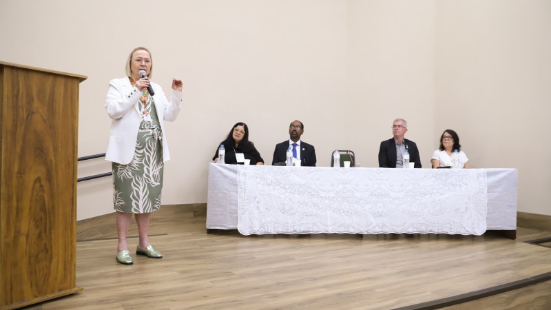 Arita Bergmann fala diante dos demais participantes da mesa de abertura