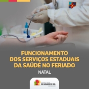 No card, aparecem duas mãos: a da paciente e a do (a) doutor (a) no momento da doação de sangue. Embaixo, está escrito "Funcionamento dos Serviços Estaduais da Saúde no Feriado". 