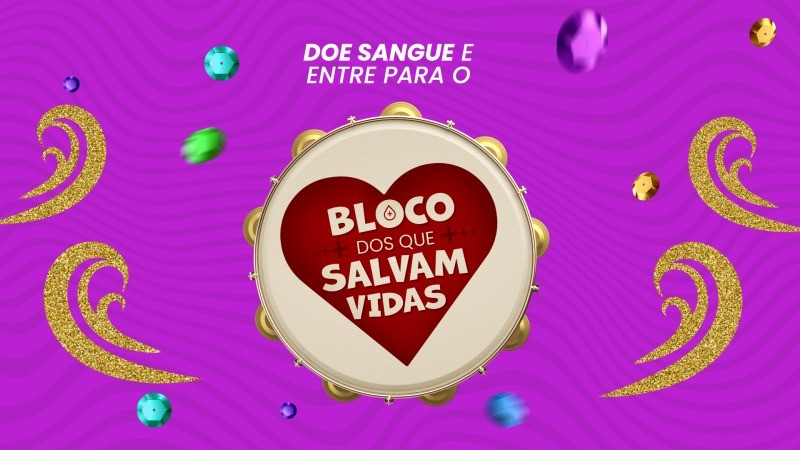 card com fundo lilás enfeites ecoloridos. No centro tem um pandeiro com um coração contendo a frase Bloco dos que Salvam Vidas