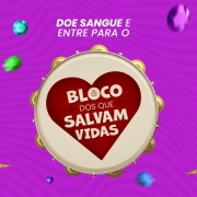 card com fundo lilás enfeites ecoloridos. No centro tem um pandeiro com um coração contendo a frase Bloco dos que Salvam Vidas