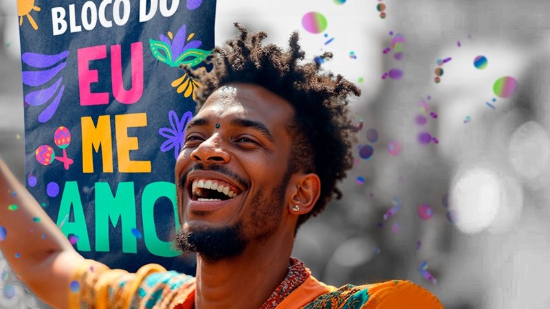 card com foto de close de um homem negro sorrindo com um estandarte escrito Bloco do Eu me Amo em letras coloridas, fundo com alguns confetes coloridos estilizados 