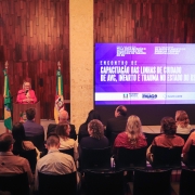 A secretária da Saúde fala ao microfone durante o evento 