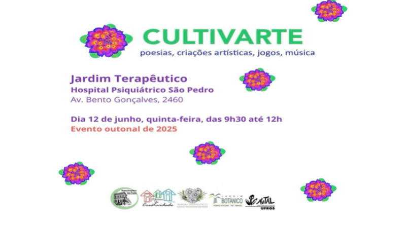 Uma arte em fundo branco traz o nome do festival CULTIVARTE em letras maiúsculas na cor verde. Alguns ícones de flores em tons de roxo e vermelho ilustram o cartaz, que traz as mesmas informações de data, local e horário que constam no texto.