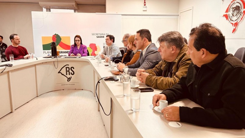 Imagem de um ambiente de reuni&atilde;o, mostrando uma mesa em formato de &ldquo;U&rdquo;. Em destaque, v&aacute;rias pessoas est&atilde;o sentadas lado a lado, voltadas para o centro da discuss&atilde;o. Sobre a mesa h&aacute; copos de &aacute;gua, pires, x&iacute;caras e aparelhos eletr&ocirc;nicos. Ao fundo, h&aacute; um painel institucional com os logotipos da Secretaria da Sa&uacute;de e do Governo do Estado do Rio Grande do Sul, al&eacute;m de uma identidade visual com ilustra&ccedil;&atilde;o de m&atilde;os e a palavra &ldquo;Plano&rdquo;. A sala possui ilumina&ccedil;&atilde;o no teto e paredes claras, com elementos visuais institucionais. A disposi&ccedil;&atilde;o das pessoas e dos materiais indica uma reuni&atilde;o de trabalho ou articula&ccedil;&atilde;o na &aacute;rea da sa&uacute;de p&uacute;blica.