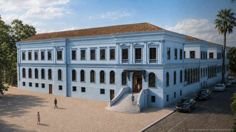 Renderiza&ccedil;&atilde;o arquitet&ocirc;nica da fachada principal de um grande edif&iacute;cio hist&oacute;rico de dois pavimentos. A constru&ccedil;&atilde;o apresenta paredes azul-claras, telhado de telhas cer&acirc;micas avermelhadas, janelas altas com esquadrias escuras e elementos ornamentais cl&aacute;ssicos. No centro da fachada h&aacute; uma entrada principal elevada, acessada por uma ampla escadaria curva e coberta por uma marquise met&aacute;lica decorativa. O pr&eacute;dio ocupa uma extensa &aacute;rea urbana, cercado por &aacute;rvores, cal&ccedil;adas e vias pavimentadas. Algumas pessoas caminham em frente ao edif&iacute;cio e ve&iacute;culos est&atilde;o estacionados ao longo da rua lateral. A imagem evidencia a impon&ecirc;ncia e a simetria da arquitetura hist&oacute;rica restaurada.