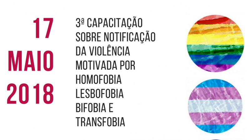 Cartaz da campanha. Na 1ª coluna, à esquerda, está escrito a data do evento. Na coluna do meio, 3ª Capacitação Sobre Notificação de Violência Motivada por Homofobia, Lesbofobia, Bifobia e Transfobia. Na 3ª coluna, dois círculos com as cores da campanha.