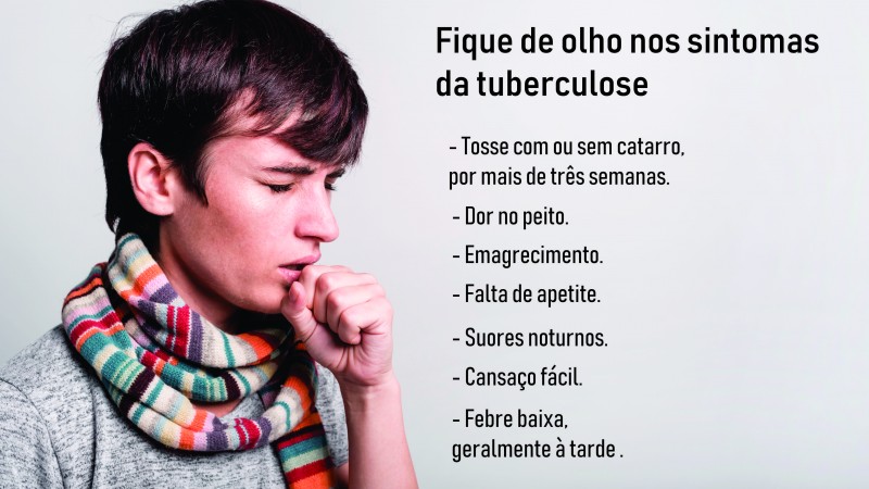 Rapaz tossindo, com manta no pescoço e, nos letreiros, descritos os sintomas da doença