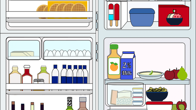 Imagem estilizada de uma geladeira aberta, cheia de alimentos.