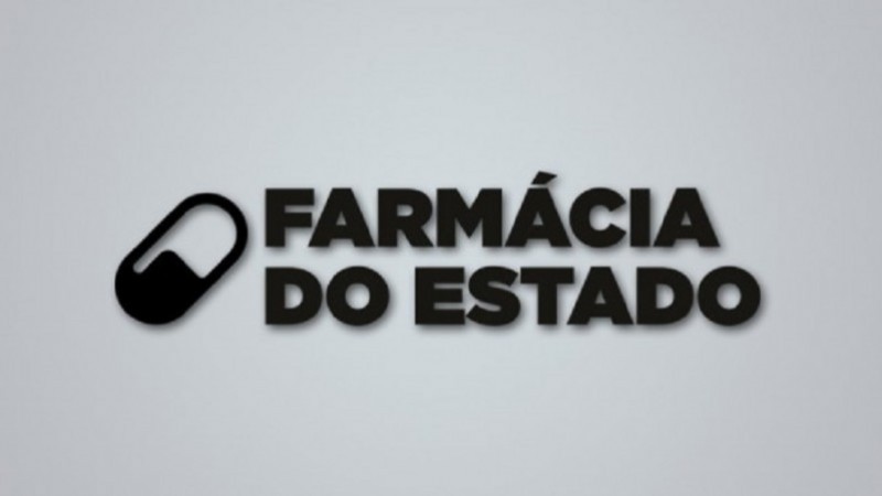 Card cinza com o nome Farmácia do Estado e, do lado esquerdo, uma cápsula de remédio estilizado.  